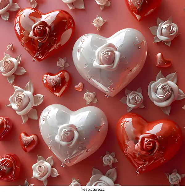 Glassy red and white hearts with roses on a red background