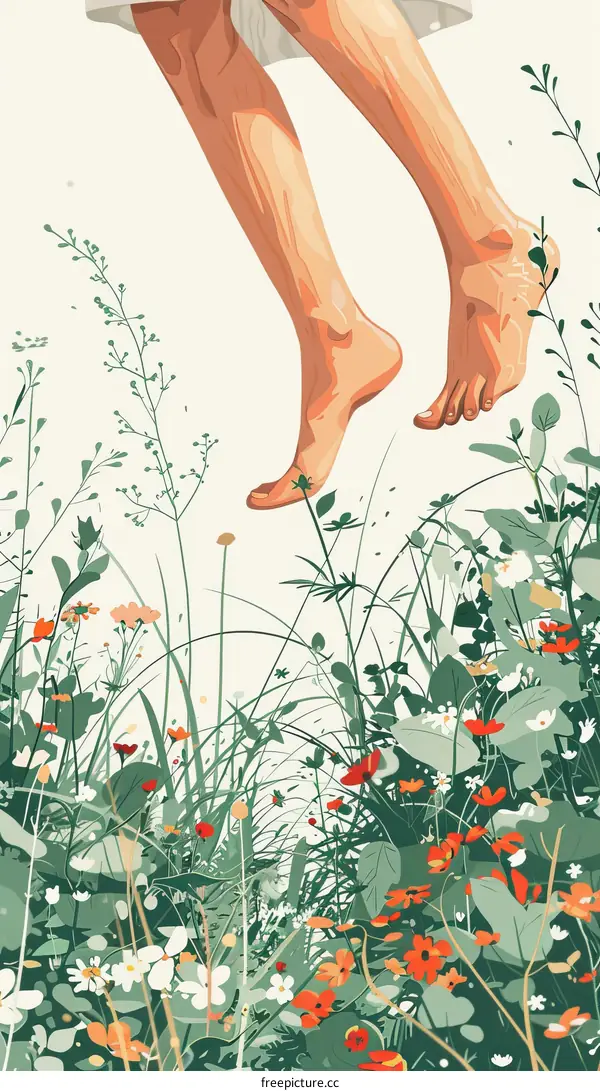 A person walking barefoot through a field of flowers