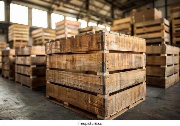 Stacks of wooden crates in a warehouse
