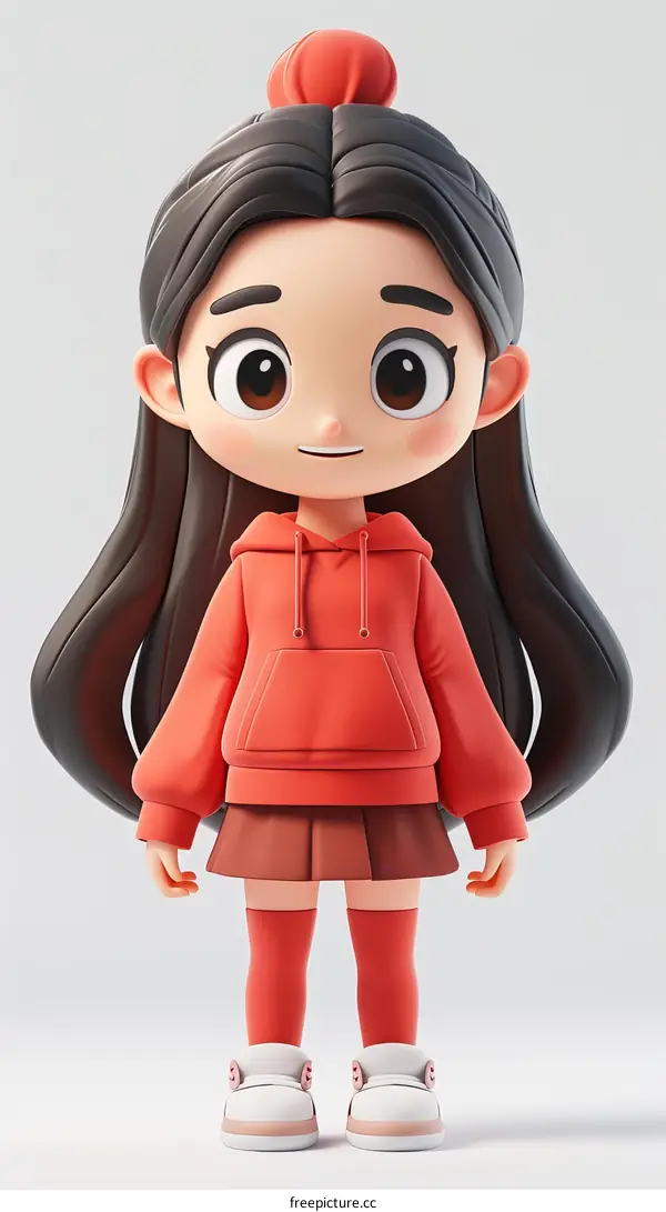 Adorable 3D Asian School Girl Wearing Red Hoodie
