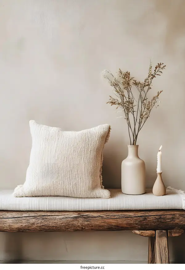 Rustic Wooden Bench with Dried Flowers and Candle in a Vase