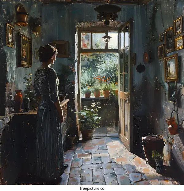 A woman standing in a doorway looking out at a garden