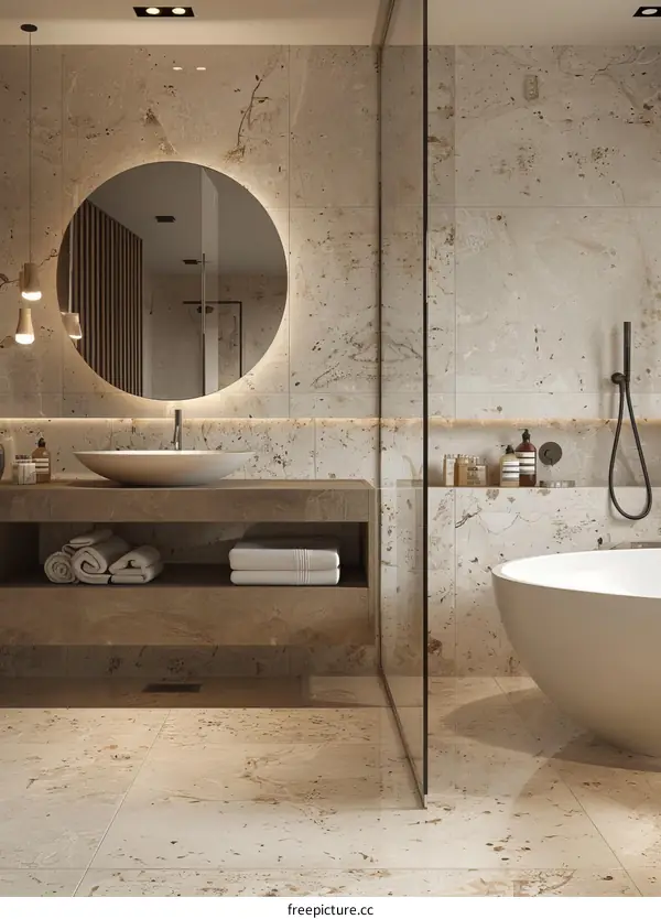 Modern Beige Bathroom with Round Mirror