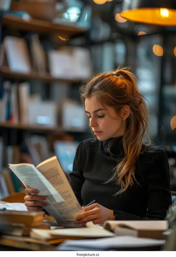 Woman Studying in a Busy Library
