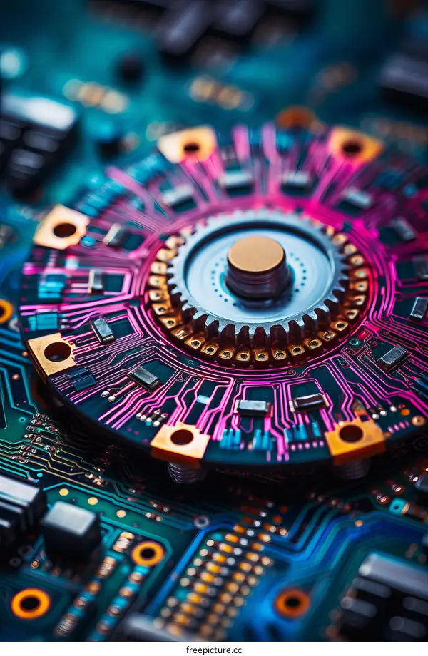 A close-up of a circuit board with a central gear