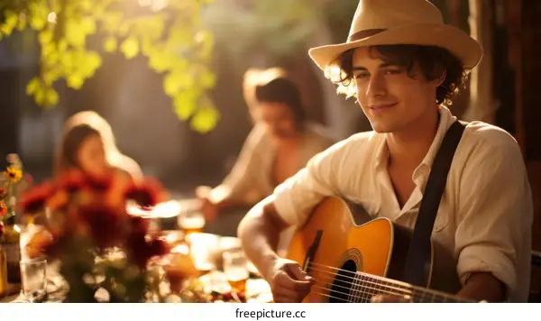Young man playing guitar at a party with friends