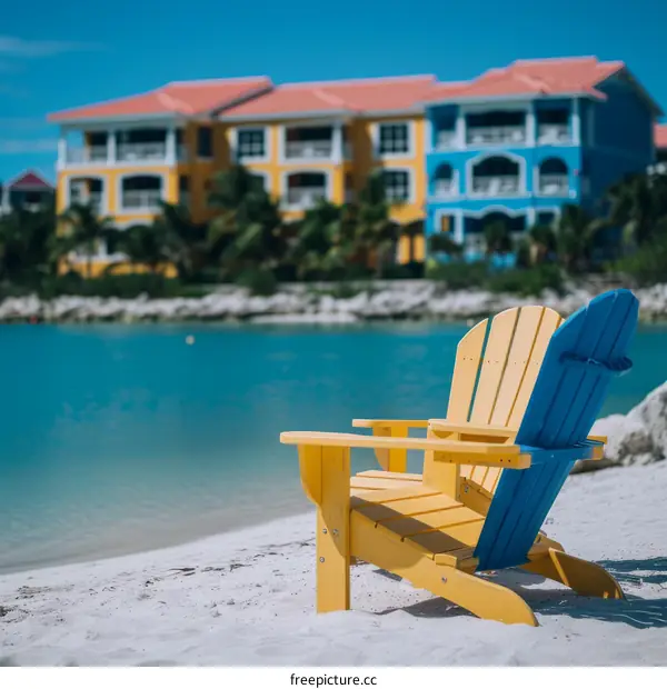 Yellow and blue beach chair on a white sand beach with colorful buildings in the background