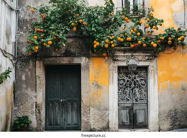 Old Building with Orange Tree and Two Doors
