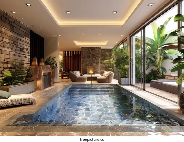 Modern Indoor Spa Pool with Tropical Garden View