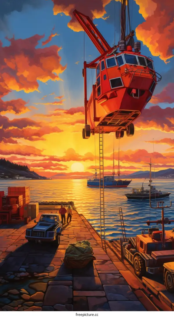 Massive Red Crane Loads a Submersible into the Water at Sunset