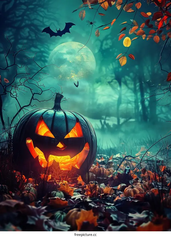 Eerie Halloween Pumpkin in the Dark Forest