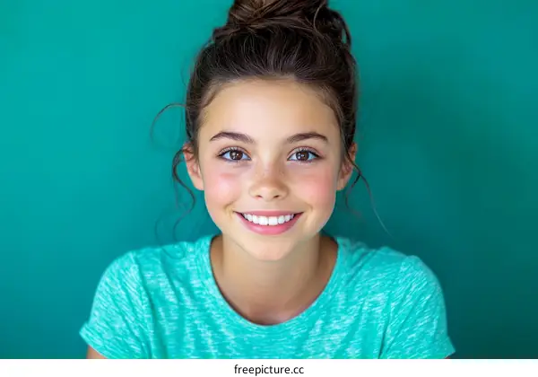 Smiling Girl Portrait Against Teal Background
