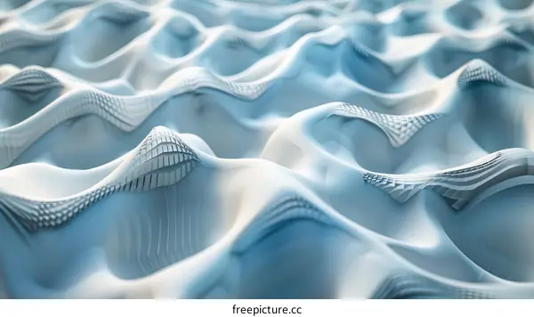 Blue and white abstract 3D rendering of a wavy surface