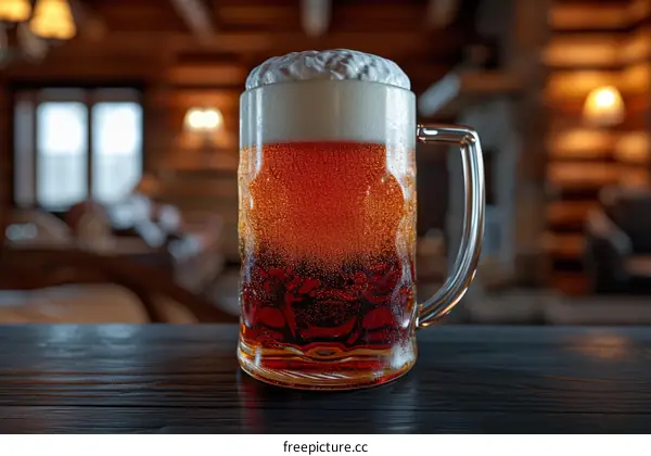 A close-up image of a mug of beer on a wooden table in a bar or restaurant with a warm, inviting atmosphere.