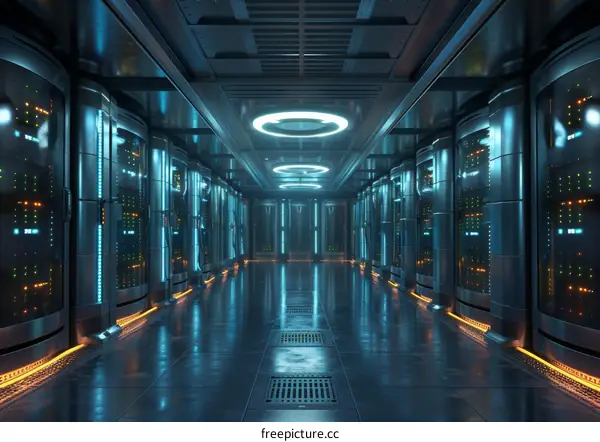 Futuristic server room with blue lights