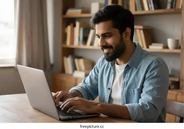 Man sitting at desk using laptop for work