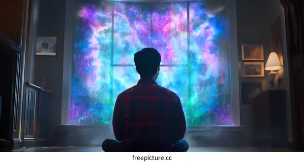 Man Looking Through Window at Galaxy in the Sky