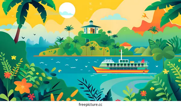 Tropical Island with Green Palm Trees and Ferry Boat
