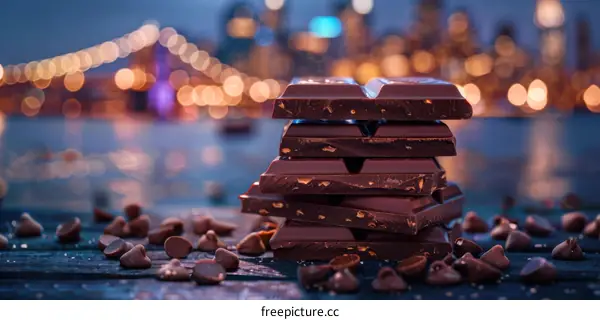 Decadent Chocolate Bars with City Skyline at Dusk
