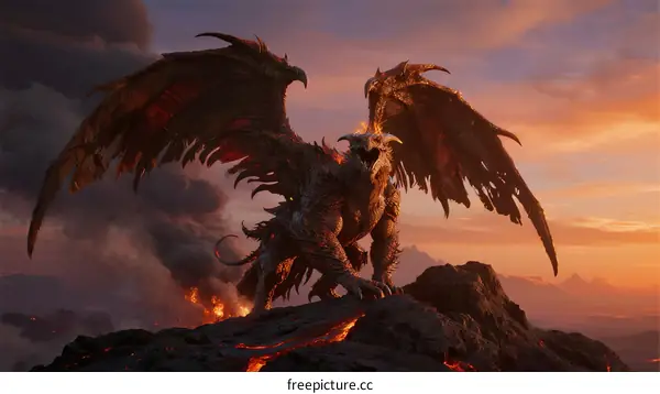Mighty Fire-Breathing Dragon Perched on Lava Rock at Sunset