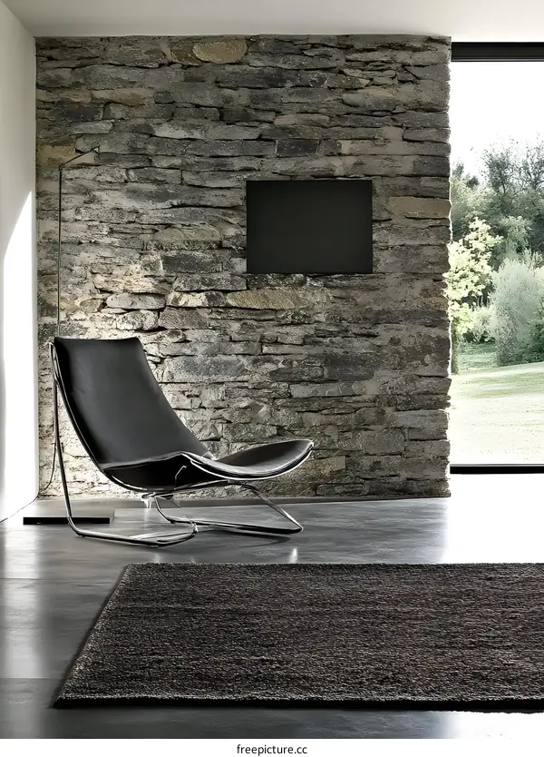 Modern Living Room Interior Design with Stone Wall and Black Leather Lounge Chair