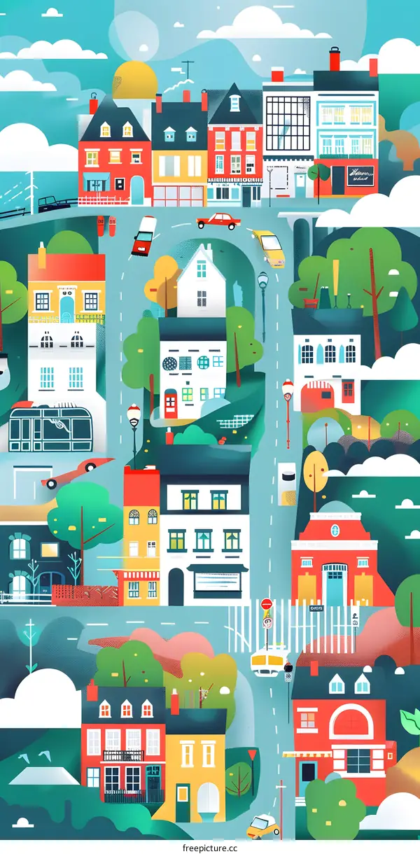 Colorful Illustration of a City Street with Houses and Cars
