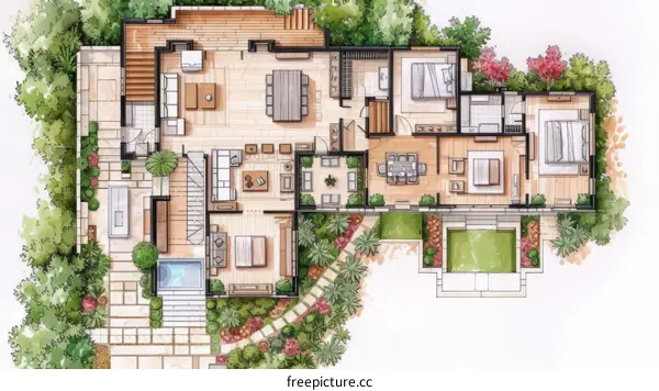 top view of a modern house with green garden