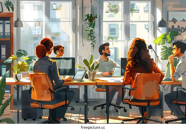 A group of people working together in an office