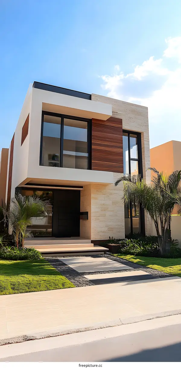 Modern Architecture Home with Palm Trees and Stone Exterior