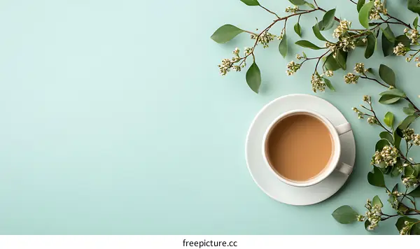 Minimalist Coffee Cup with Flowers on Green Background