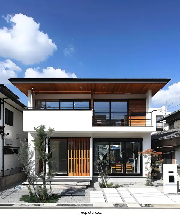 Modern Two Story Home with Wooden Accents and a Patio