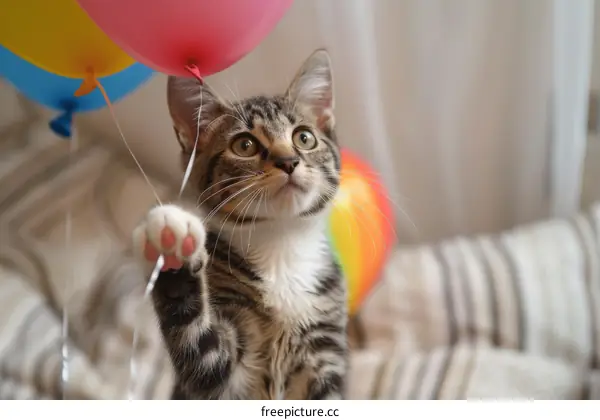 Playful Tabby Kitten with Colorful Balloons