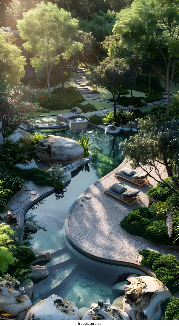 A tranquil swimming pool in a lush tropical garden