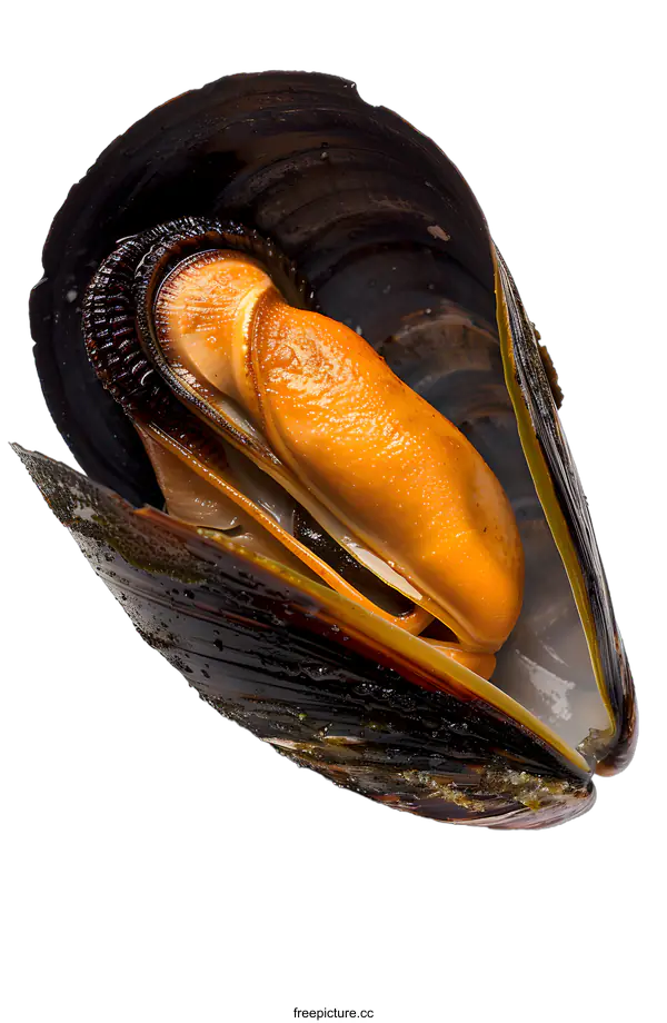 [Transparent Background PNG]A close up of an open mussel showing the orange meat inside