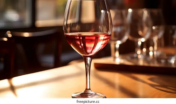 Close-up of a single glass of red wine on a wooden table with a blurred background