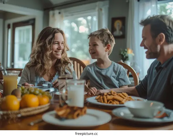 Happy family having breakfast in the kitchen