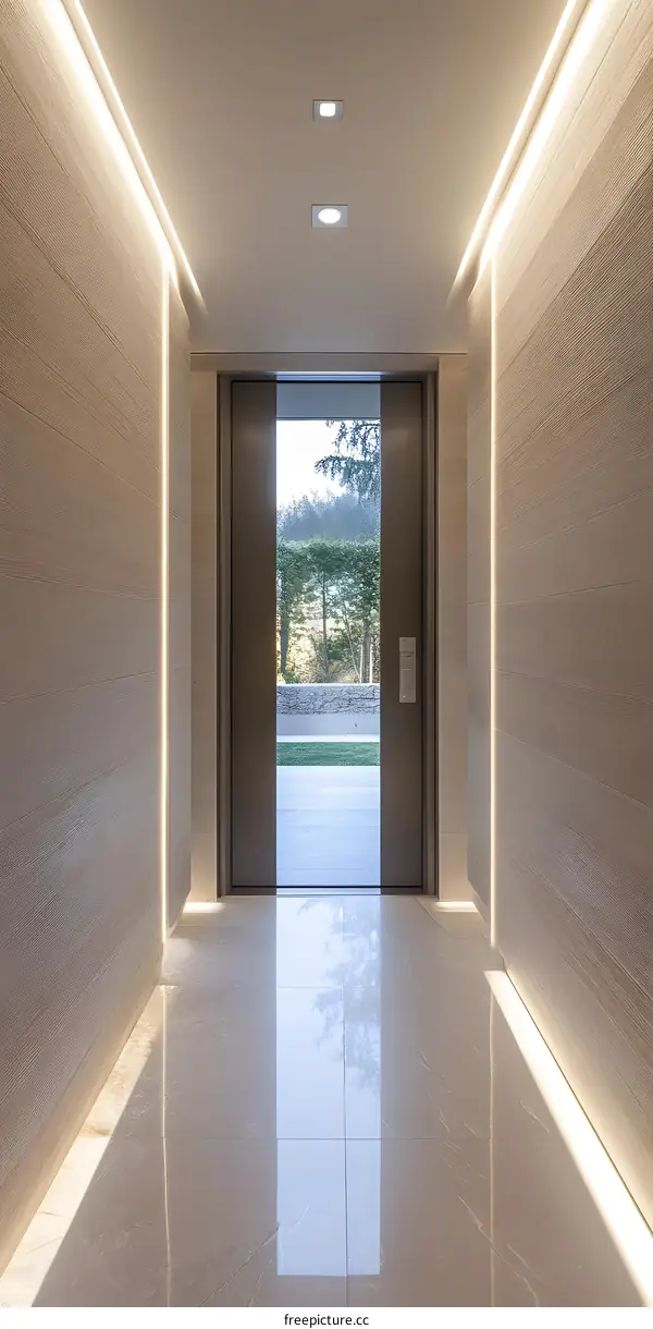 Modern Minimalist Interior Design With a View of Nature Through a Glass Door