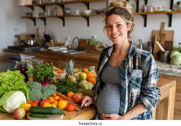 Pregnant Woman in Kitchen with Fresh Produce