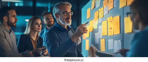 Business Team Brainstorming Ideas With Sticky Notes On Wall