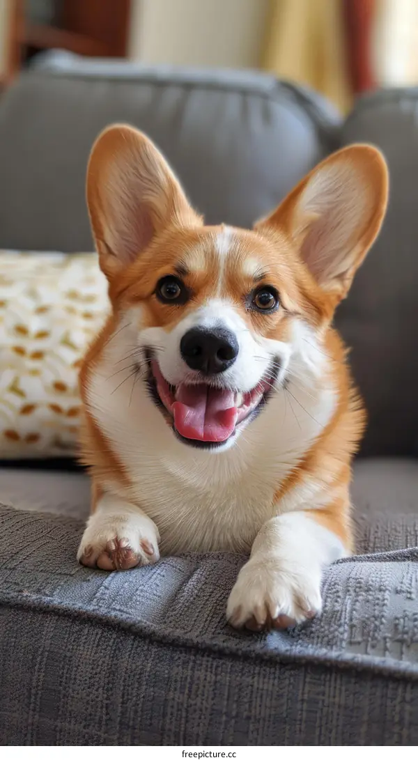 Smiling Pembroke Welsh Corgi Dog on Sofa