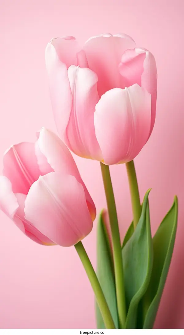 Two pink tulips on a pink background