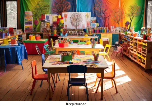 Art classroom with colorful chairs and tables