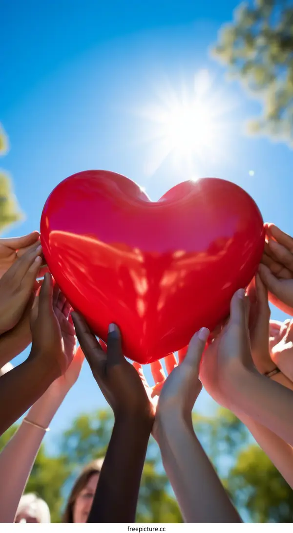 a group of diverse hands holding a red heart up in the air