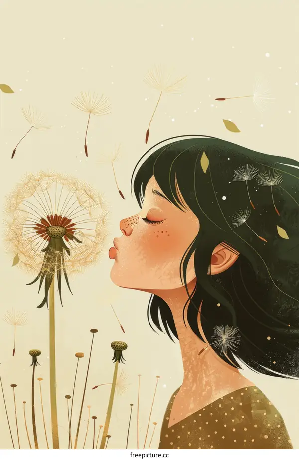 Girl blowing a dandelion in nature