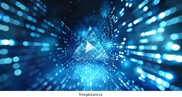 Blue glowing triangle in digital cyberspace