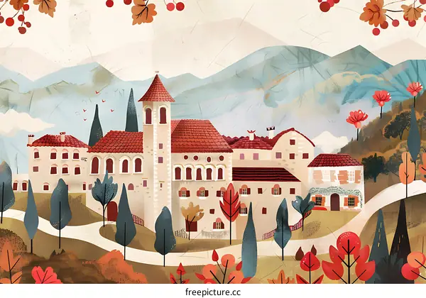 Autumn Landscape With Village In The Background