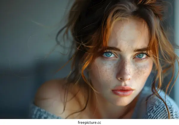 portrait of a young woman with freckles and blue eyes