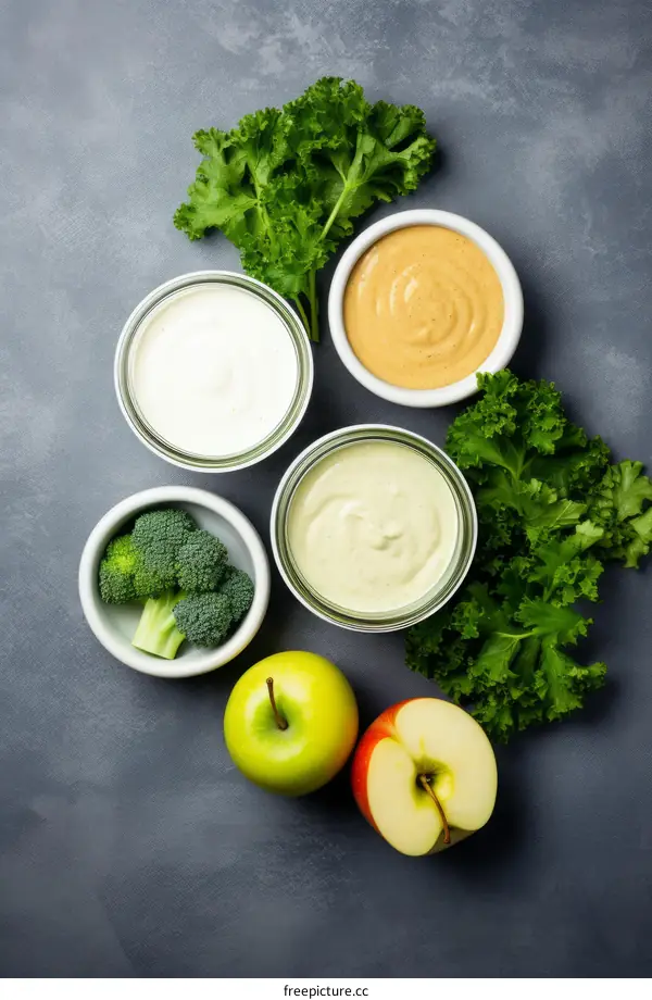 Various Dips with Vegetables and Fruits