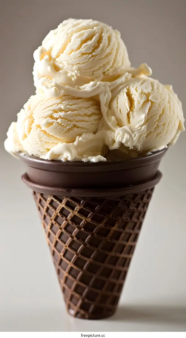 Three scoops of vanilla ice cream in a chocolate cone