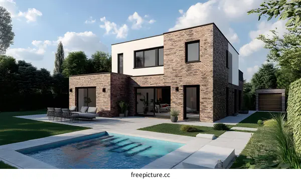 Modern Brick House with Swimming Pool and Patio